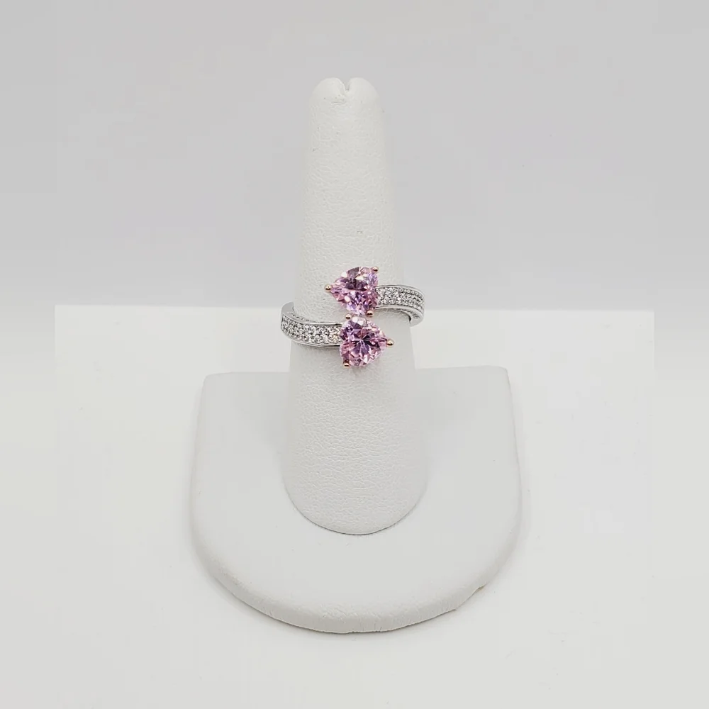 Pink Double Heart Silver Ring